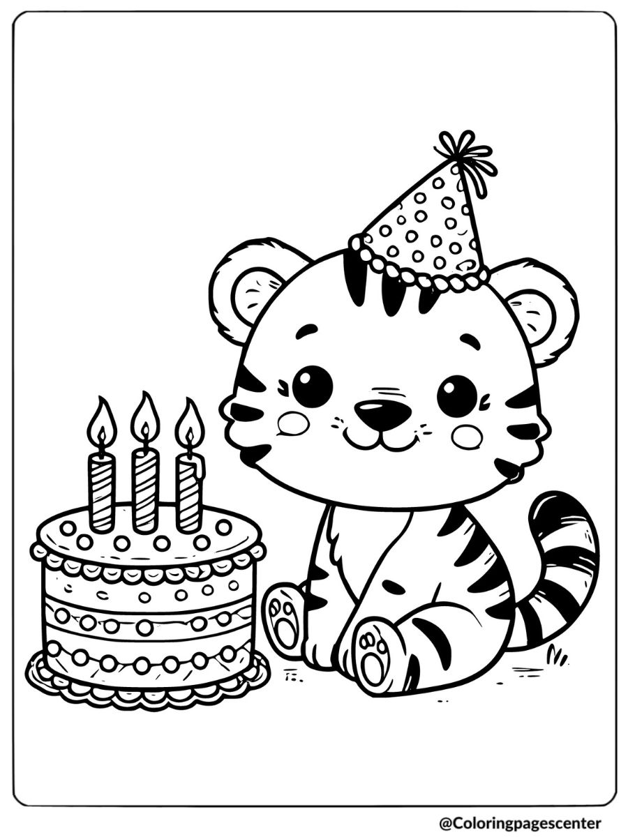 Tiger celebrating birthday coloring page