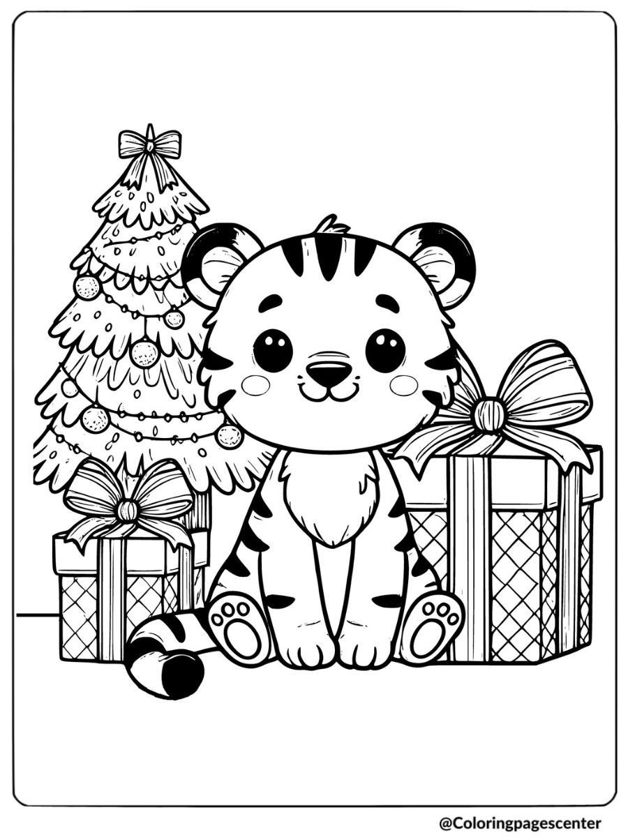 Tiger with Christmas gifts coloring page