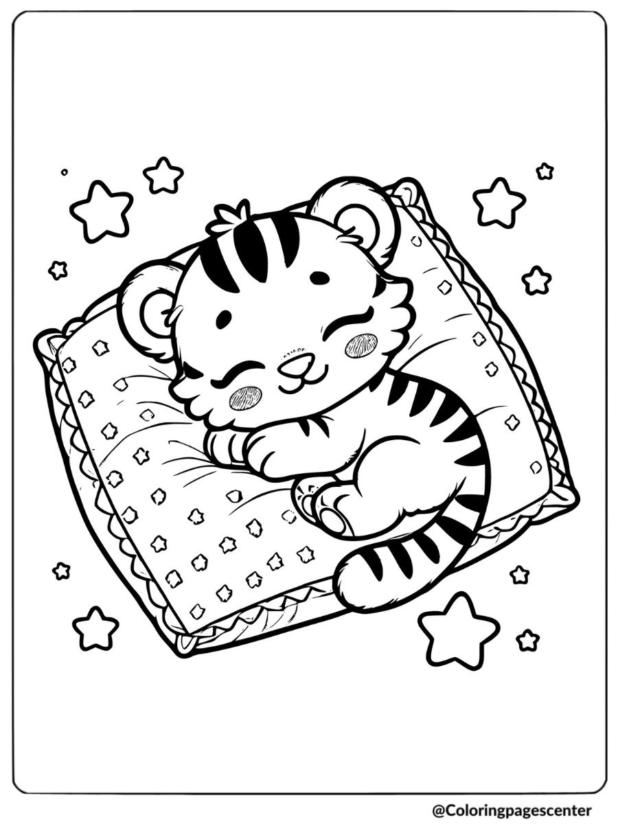 Sleeping tiger on pillow coloring page for kids