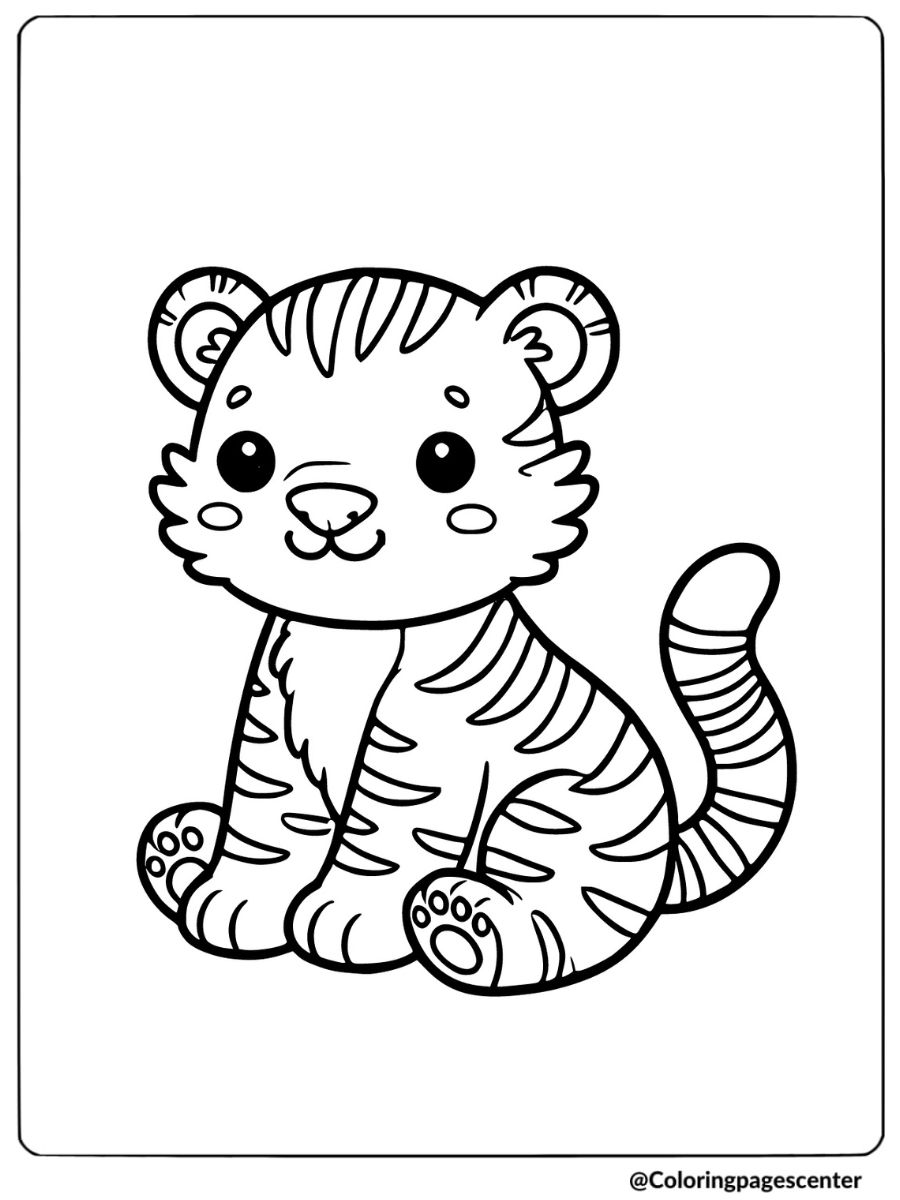 Adorable tiger sitting coloring page for kids