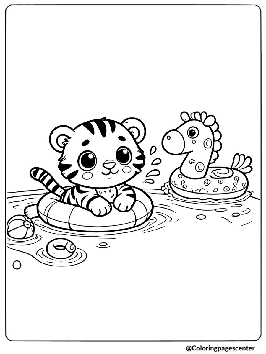 Tiger in pool with float coloring page