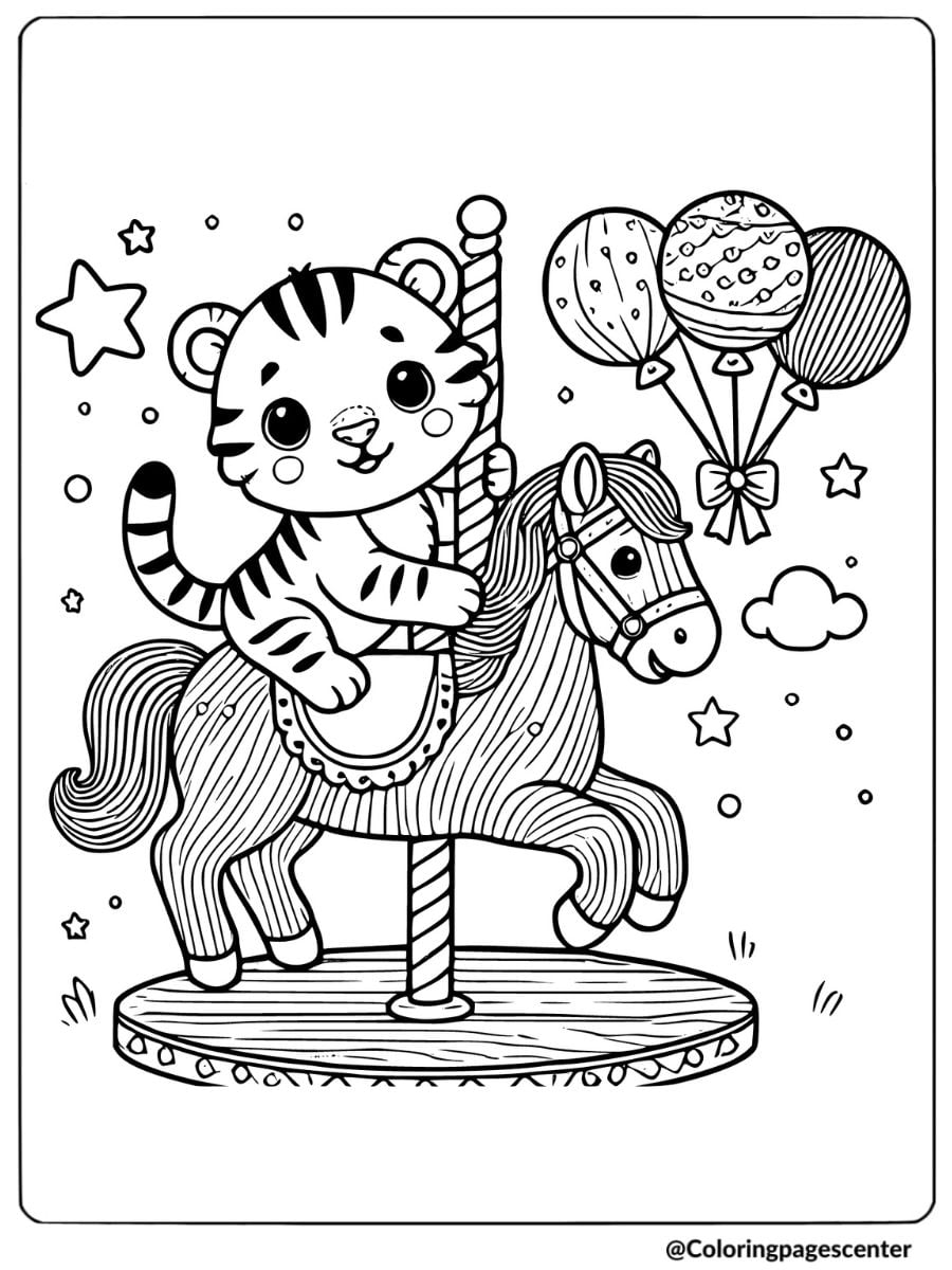 Tiger riding carousel horse coloring page