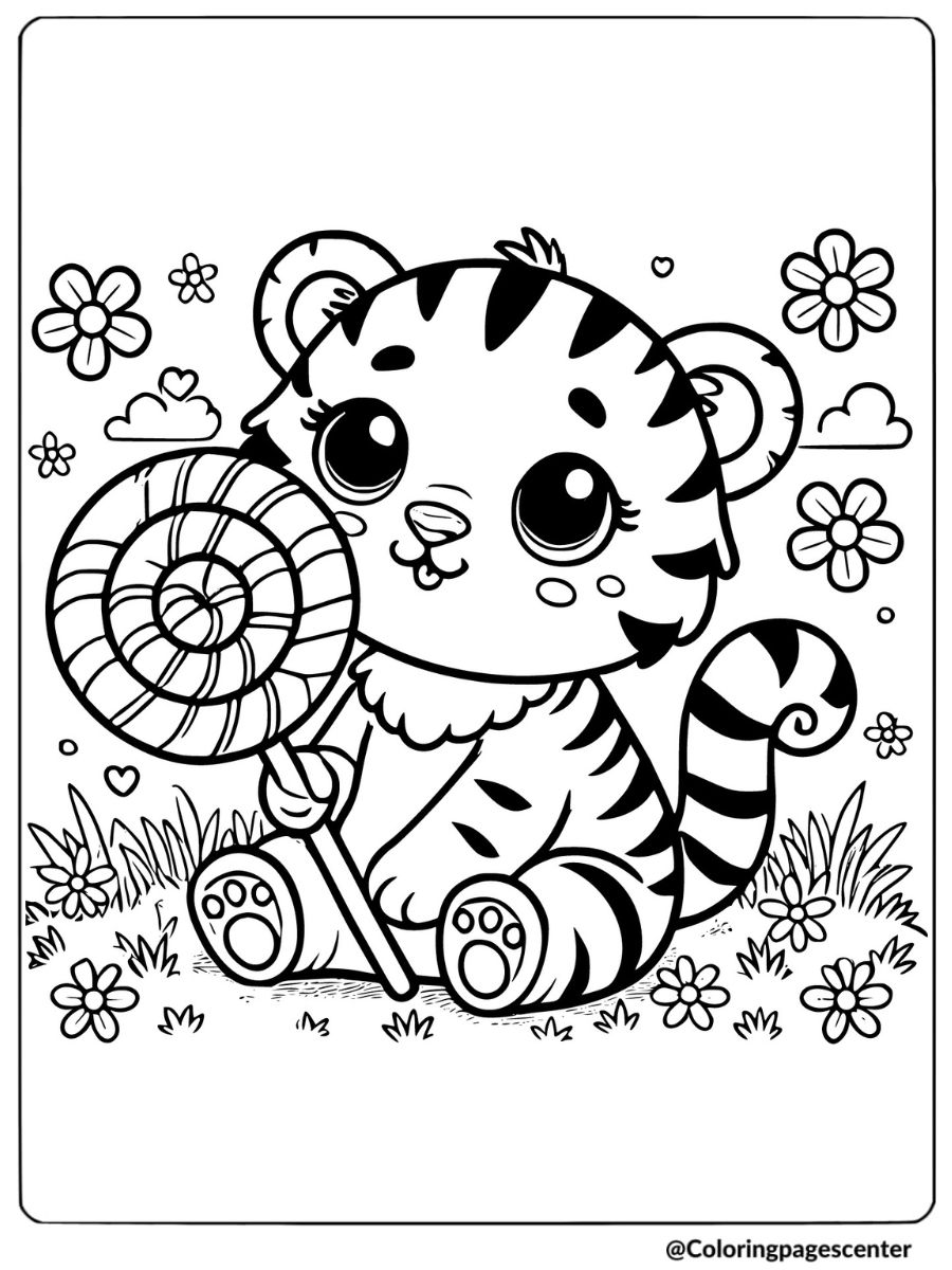 Tiger holding lollipop coloring page