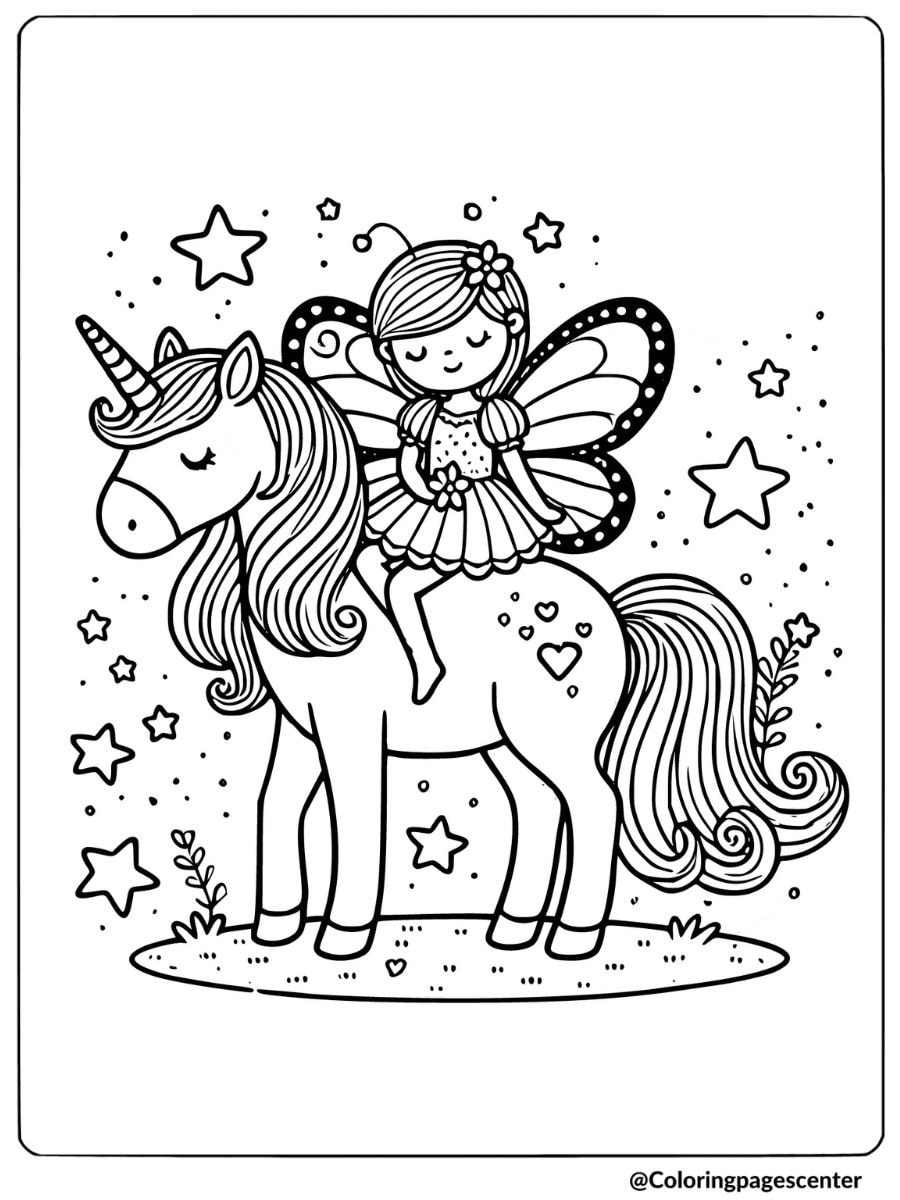 A fairy and unicorn on a magical adventure coloring page