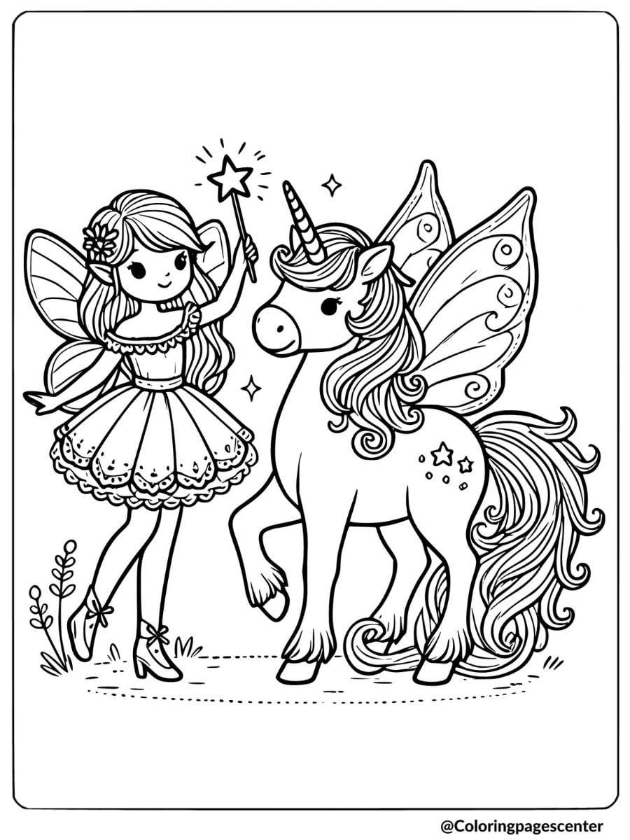 A fairy holding a wand with a unicorn coloring page