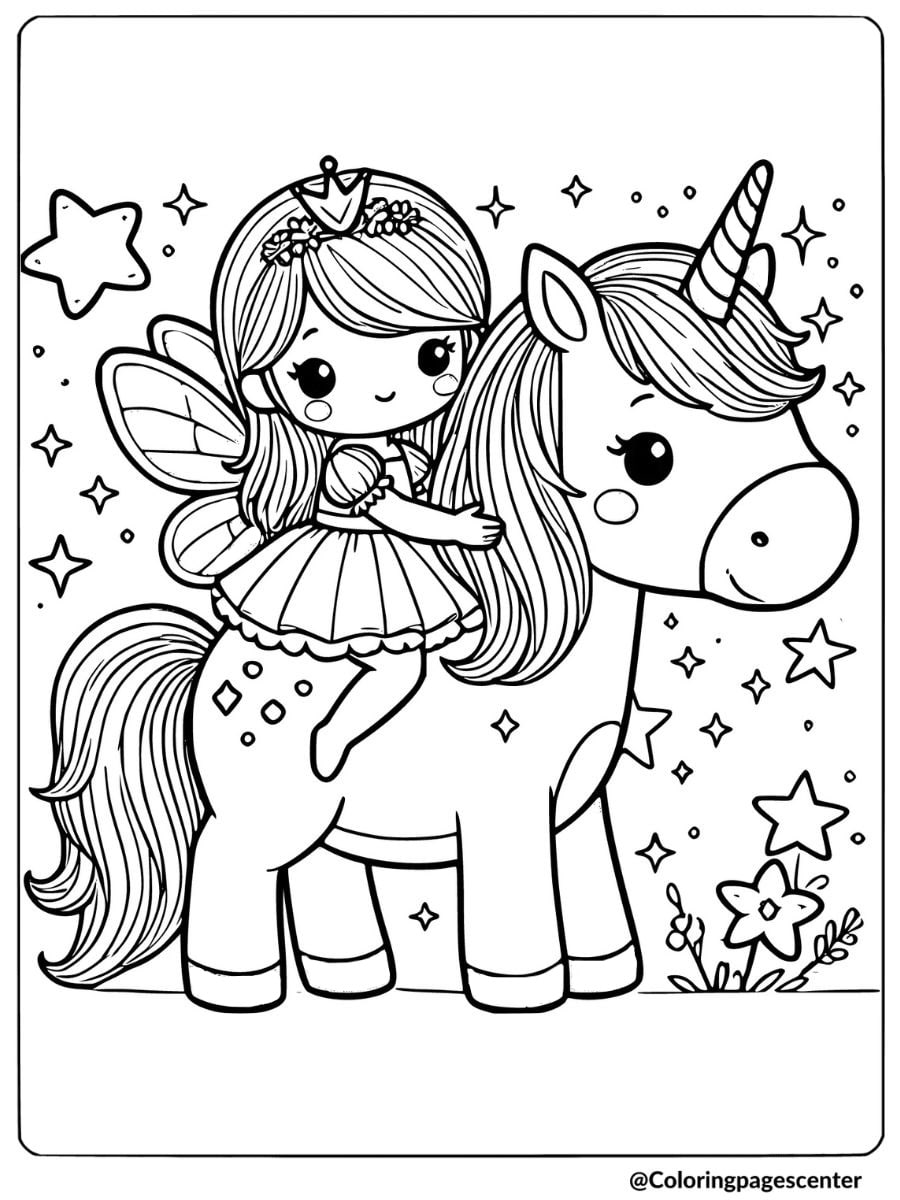 A fairy with a crown riding unicorn coloring page