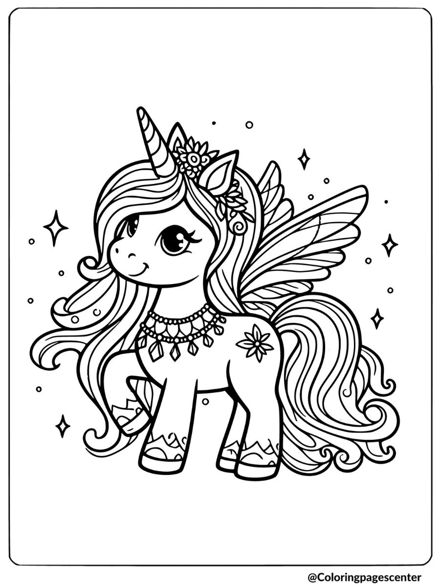 Unicorn fairy with jewelry and flowers coloring page