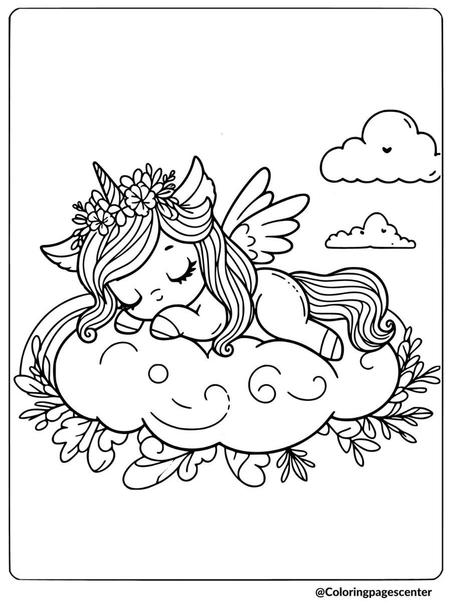 Unicorn fairy sitting with closed eyes coloring page