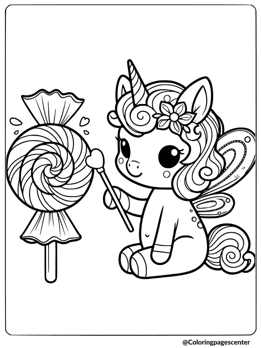 Unicorn fairy holding a large candy coloring page