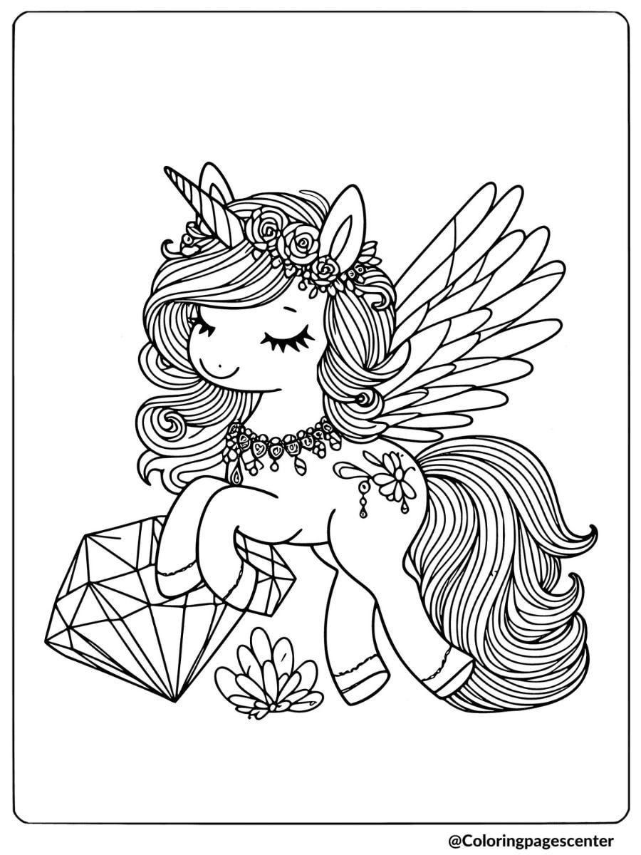 Unicorn fairy holding diamond with flower crown coloring page