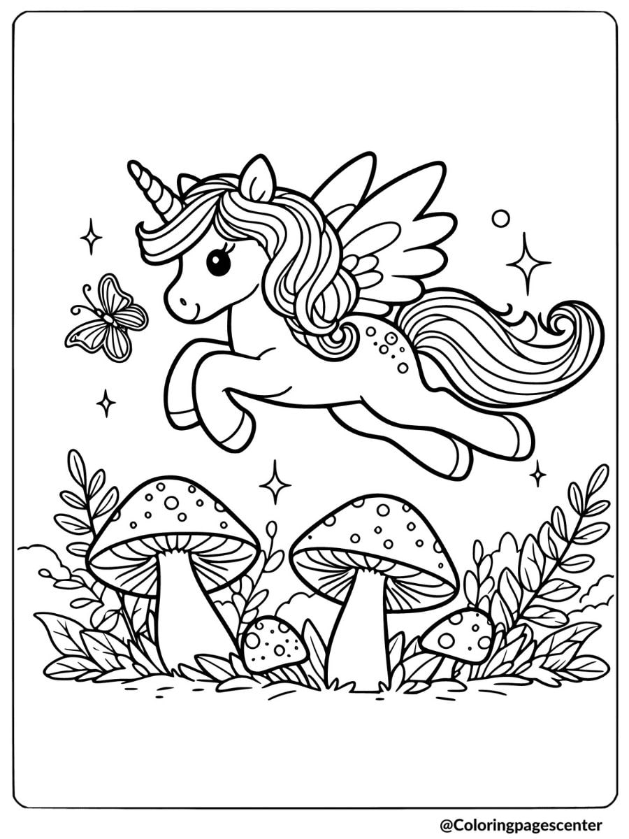 Fairy unicorn flying over mushrooms coloring page