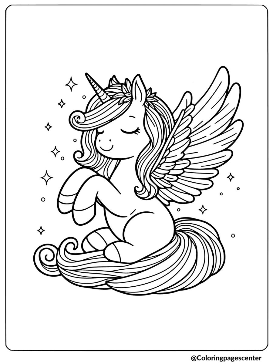 Unicorn fairy sitting with closed eyes coloring page