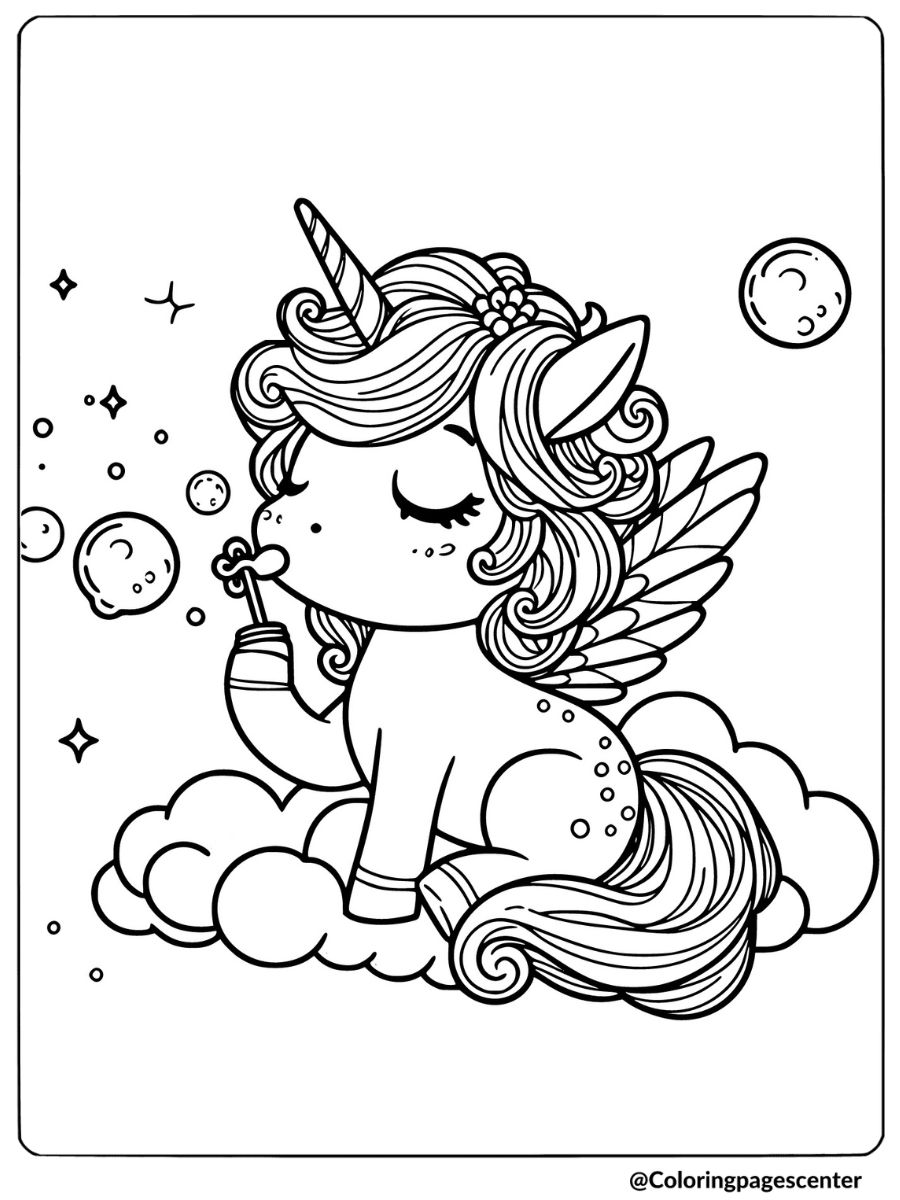 Fairy unicorn on a cloud blowing bubbles coloring page