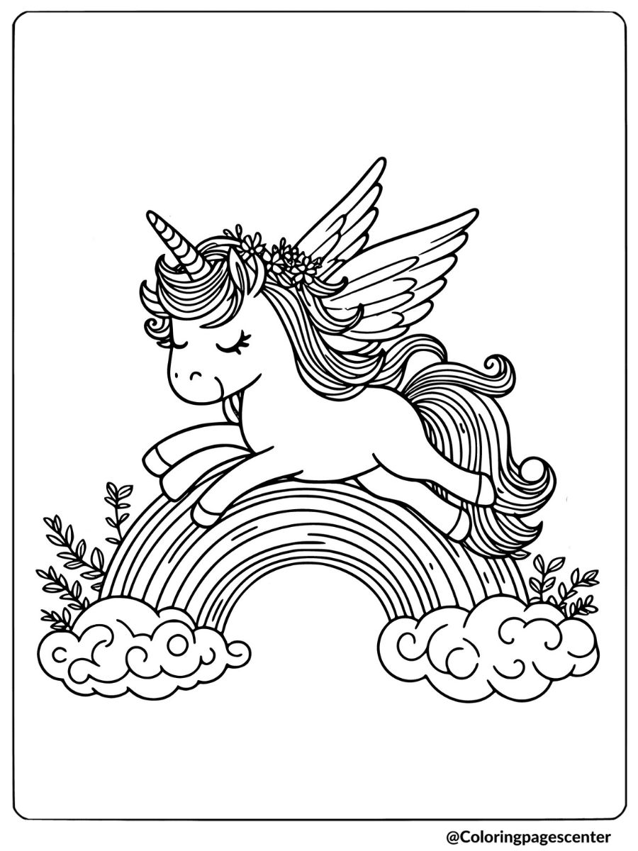 Fairy unicorn leaping over a rainbow coloring page