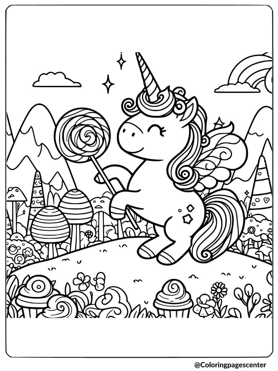 Fairy unicorn holding a lollipop coloring page