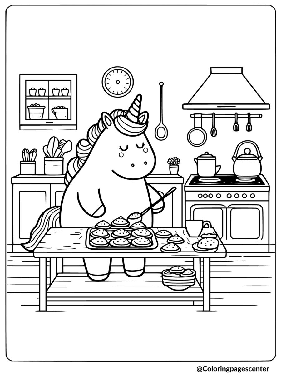 Fat unicorn baking in the kitchen coloring page