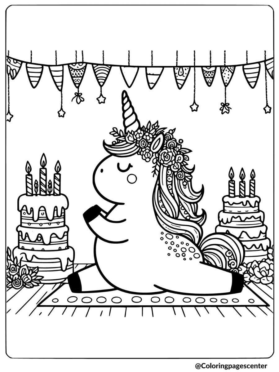 Fat unicorn celebrating a birthday coloring page