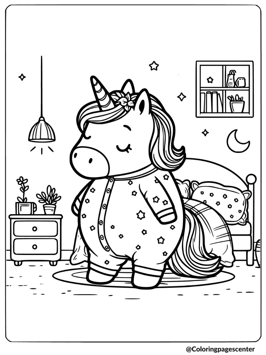 Fat unicorn in pajamas getting ready for bed coloring page