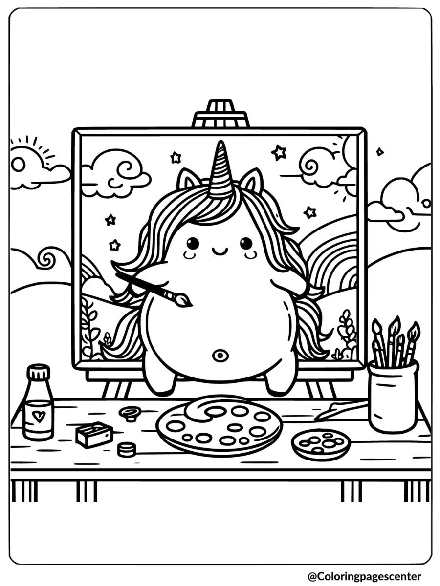 Fat unicorn painting a picture coloring page