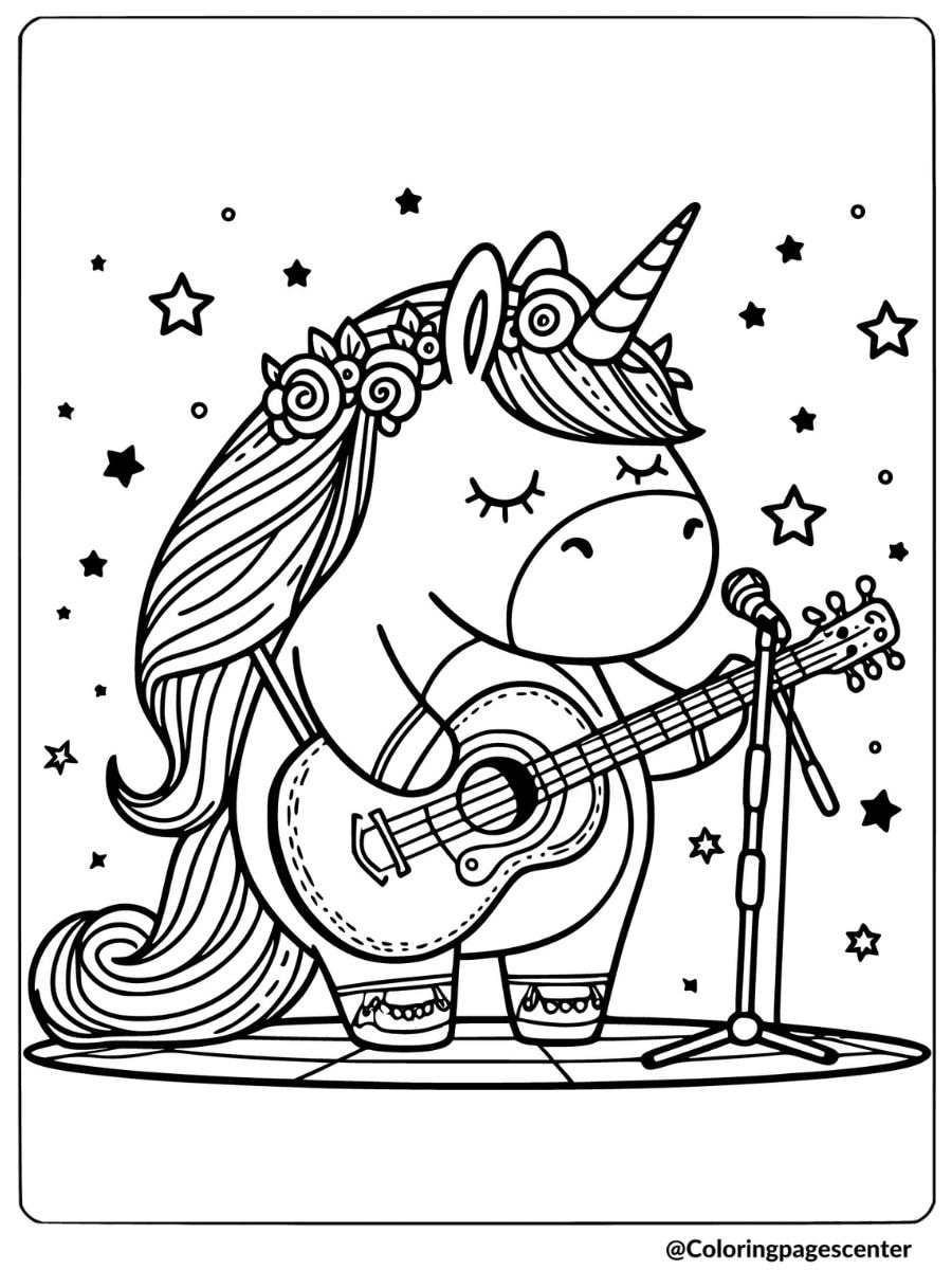 Fat unicorn playing guitar on stage coloring page