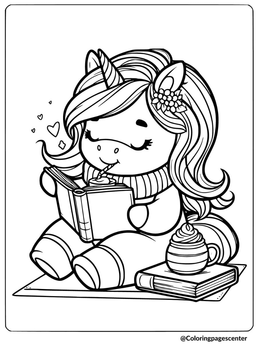 Fat unicorn reading with hot chocolate coloring page