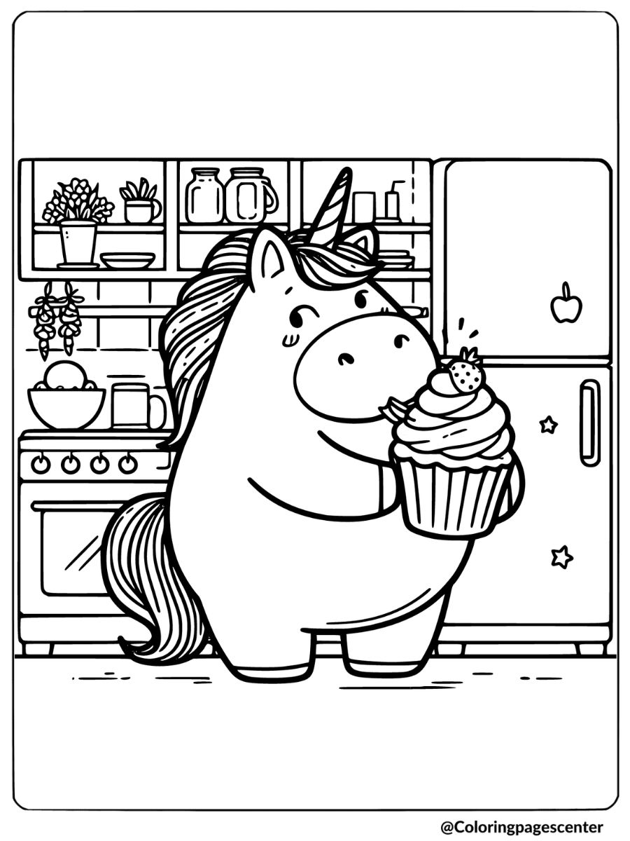 Fat unicorn holding a cupcake in kitchen coloring page