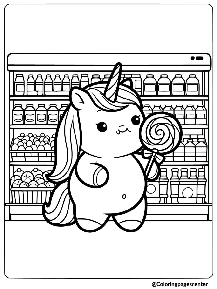 Fat unicorn holding a lollipop at the store coloring page