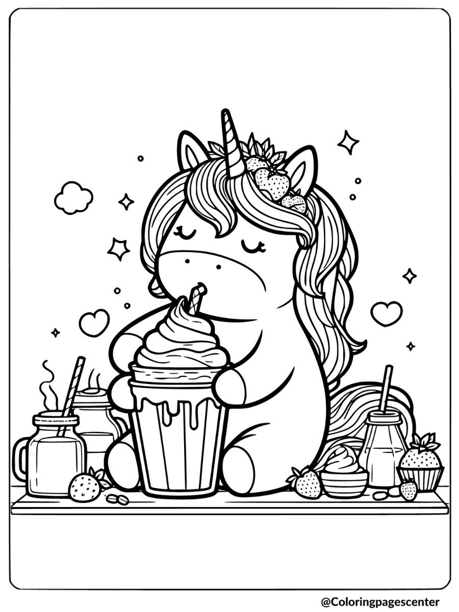 Fat unicorn drinking smoothie coloring page