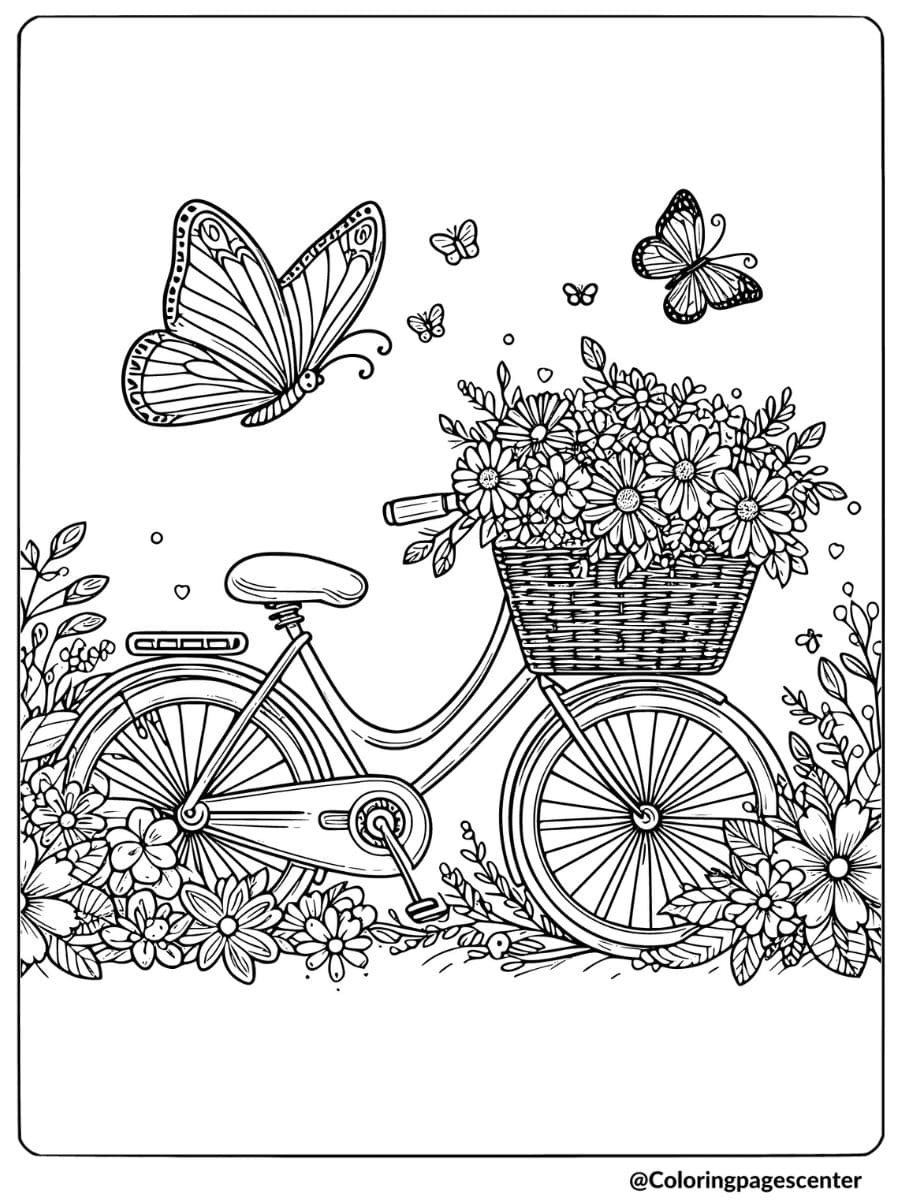 Coloring page of a bicycle with flowers and butterflies around