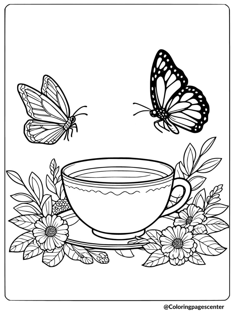 Two butterflies flying near a tea cup and flowers coloring page