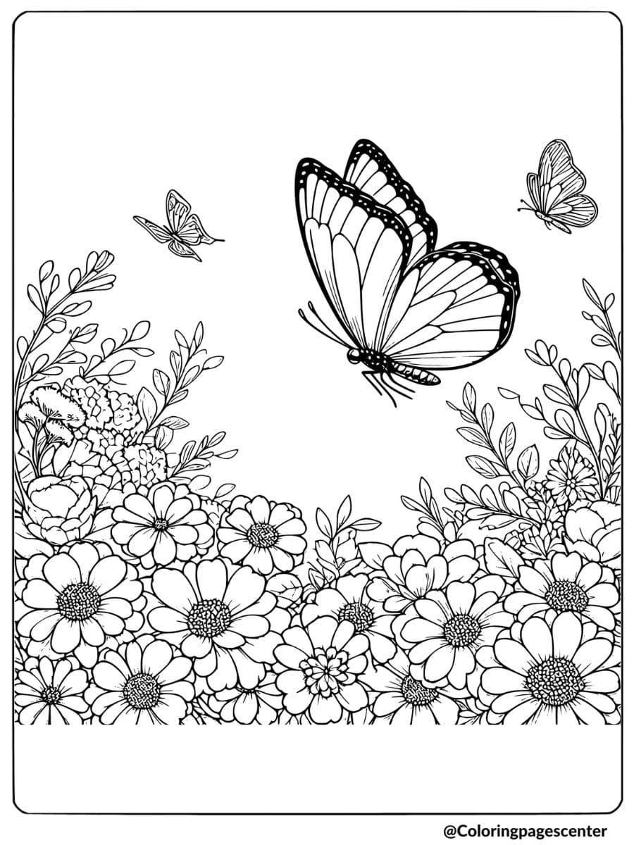 Butterflies flying over blooming flowers coloring page