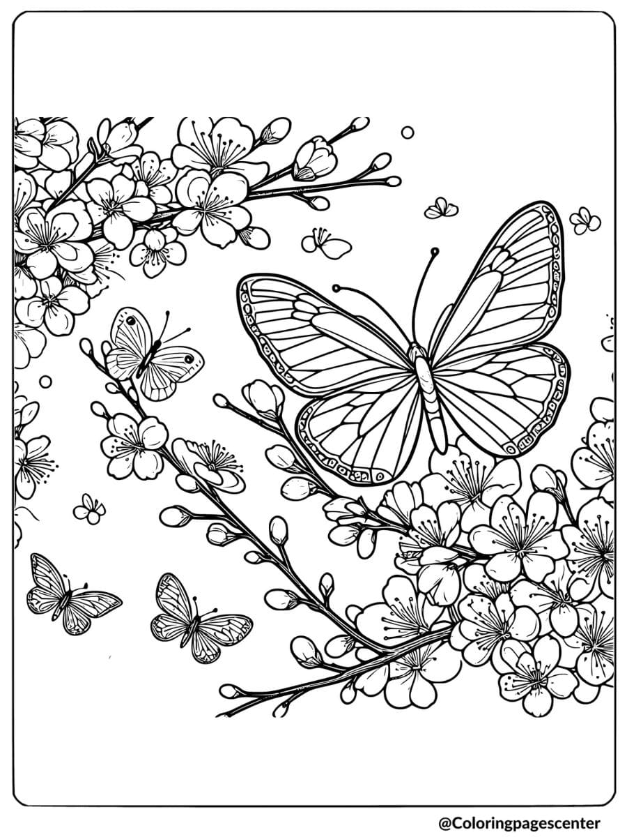 Coloring page of butterflies resting on flower blossoms