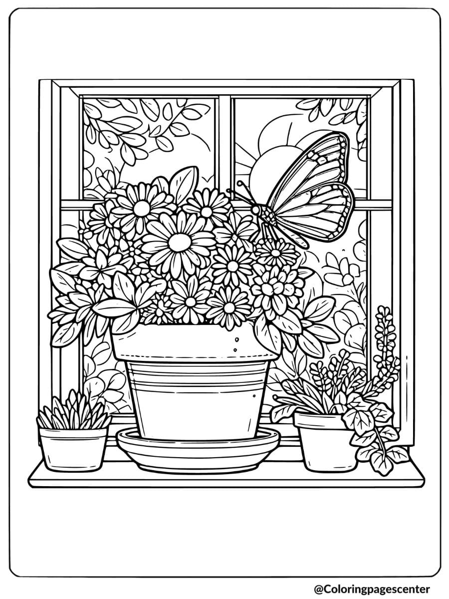 Butterfly near a window with potted flowers coloring page