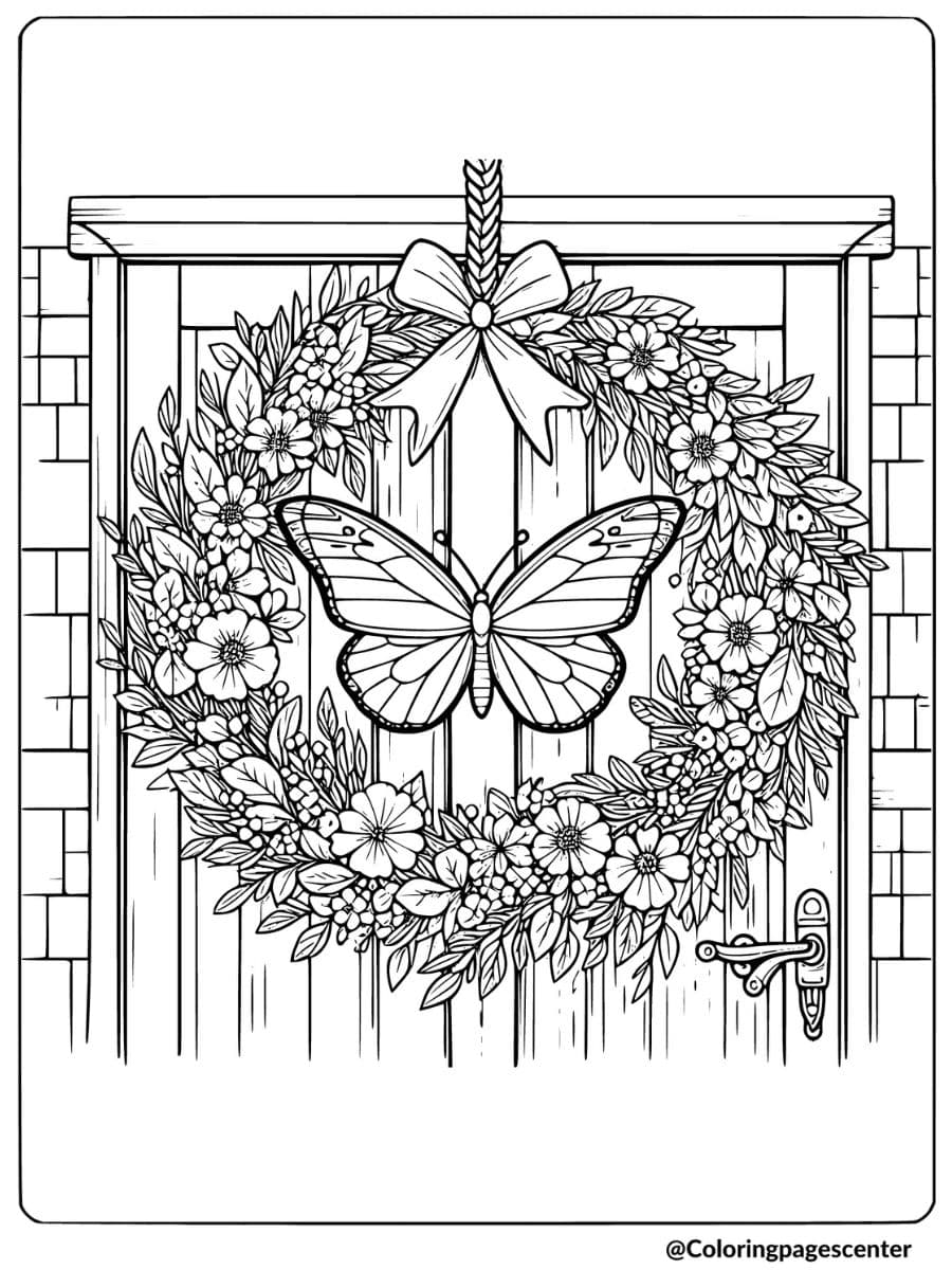 Detailed coloring page of a butterfly on a flower wreath