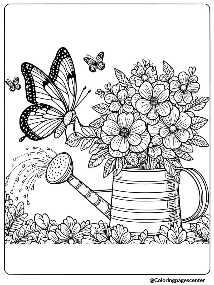 Butterfly landing on flowers on watering can coloring page