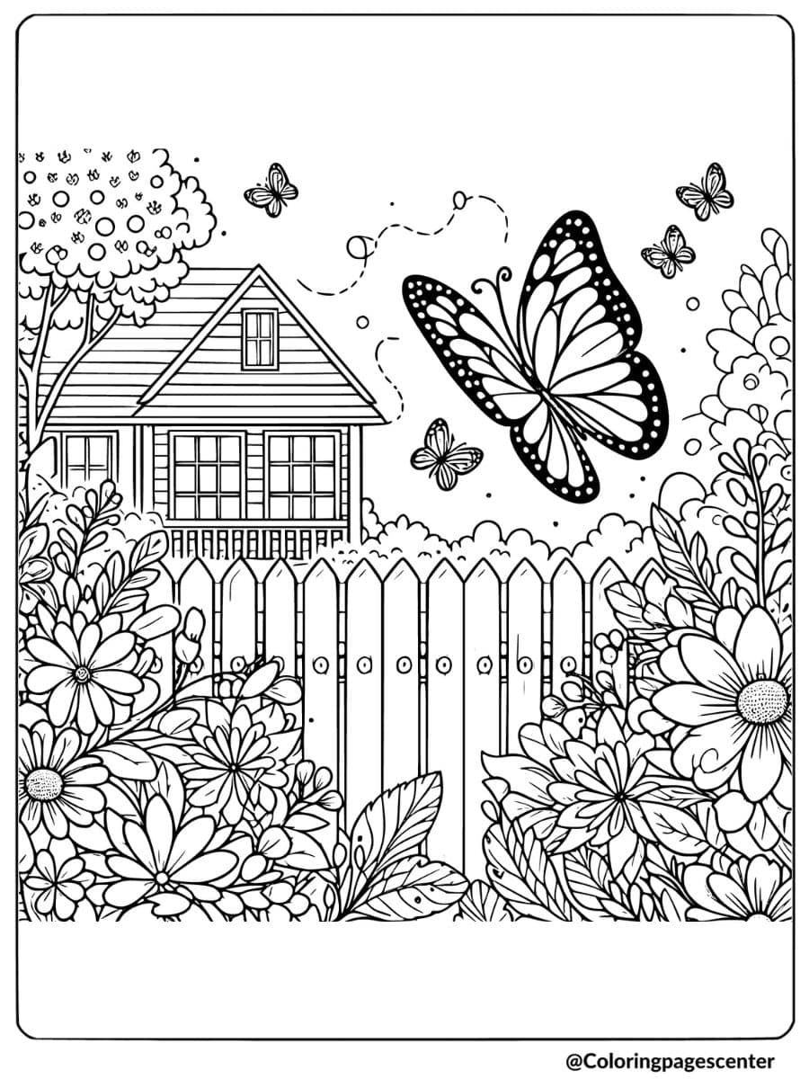 Butterflies flying over a garden with flowers coloring page