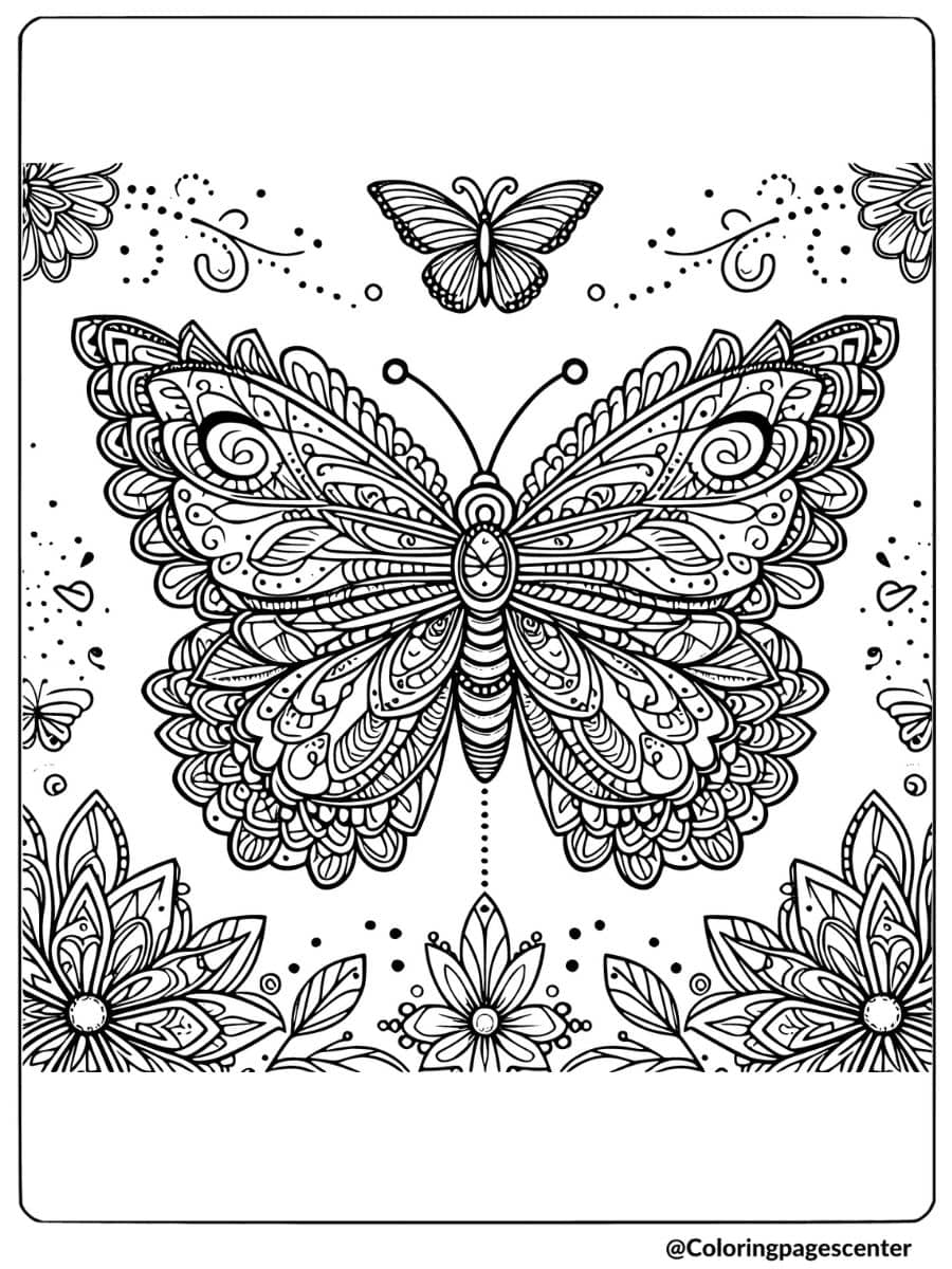 Decorative mandala with a flower and butterfly coloring page