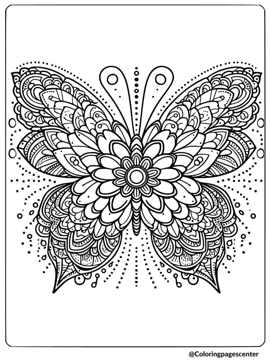 Coloring page of a flower and butterfly mandala with details