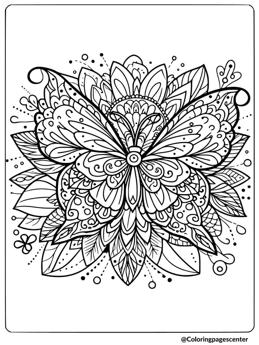 Fancy butterfly and flower mandala for a fun coloring page