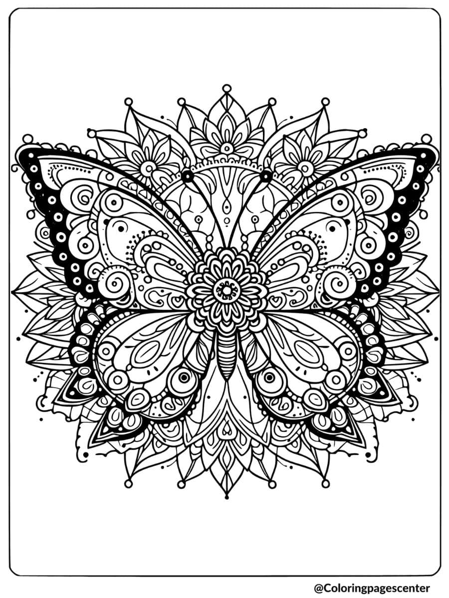 Butterfly and flower mandala coloring page