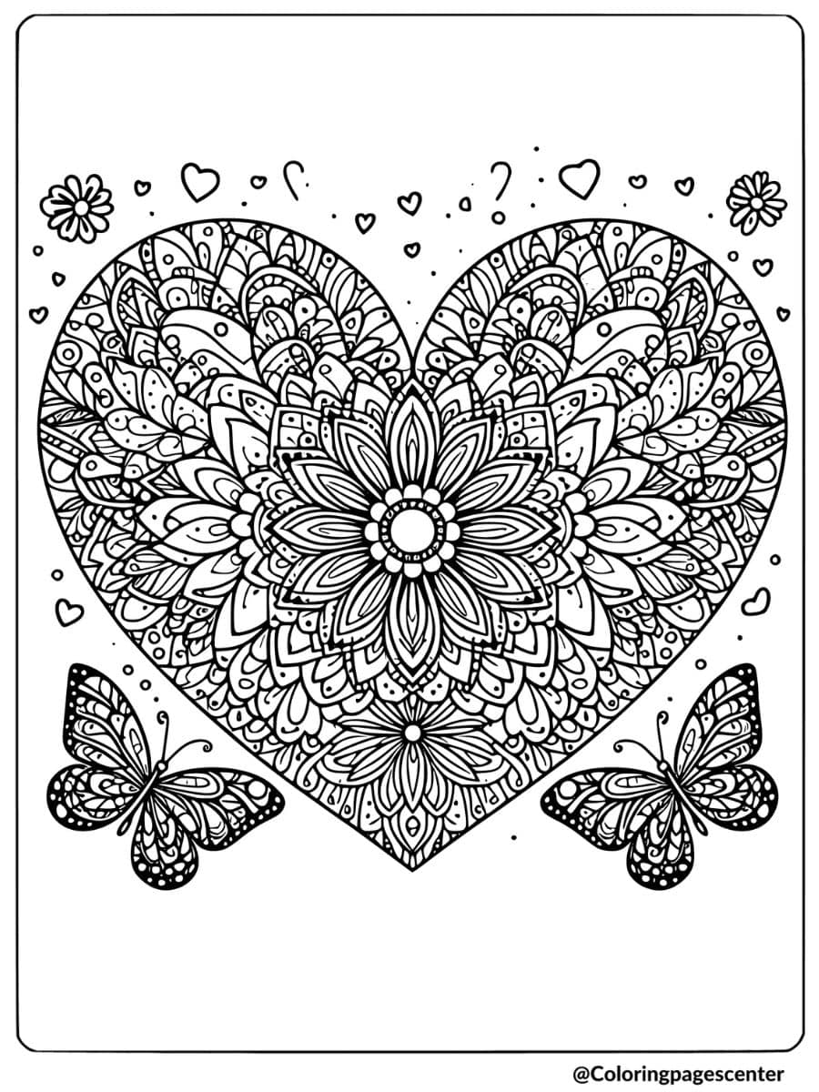 Heart-shaped flower butterfly mandala design coloring page