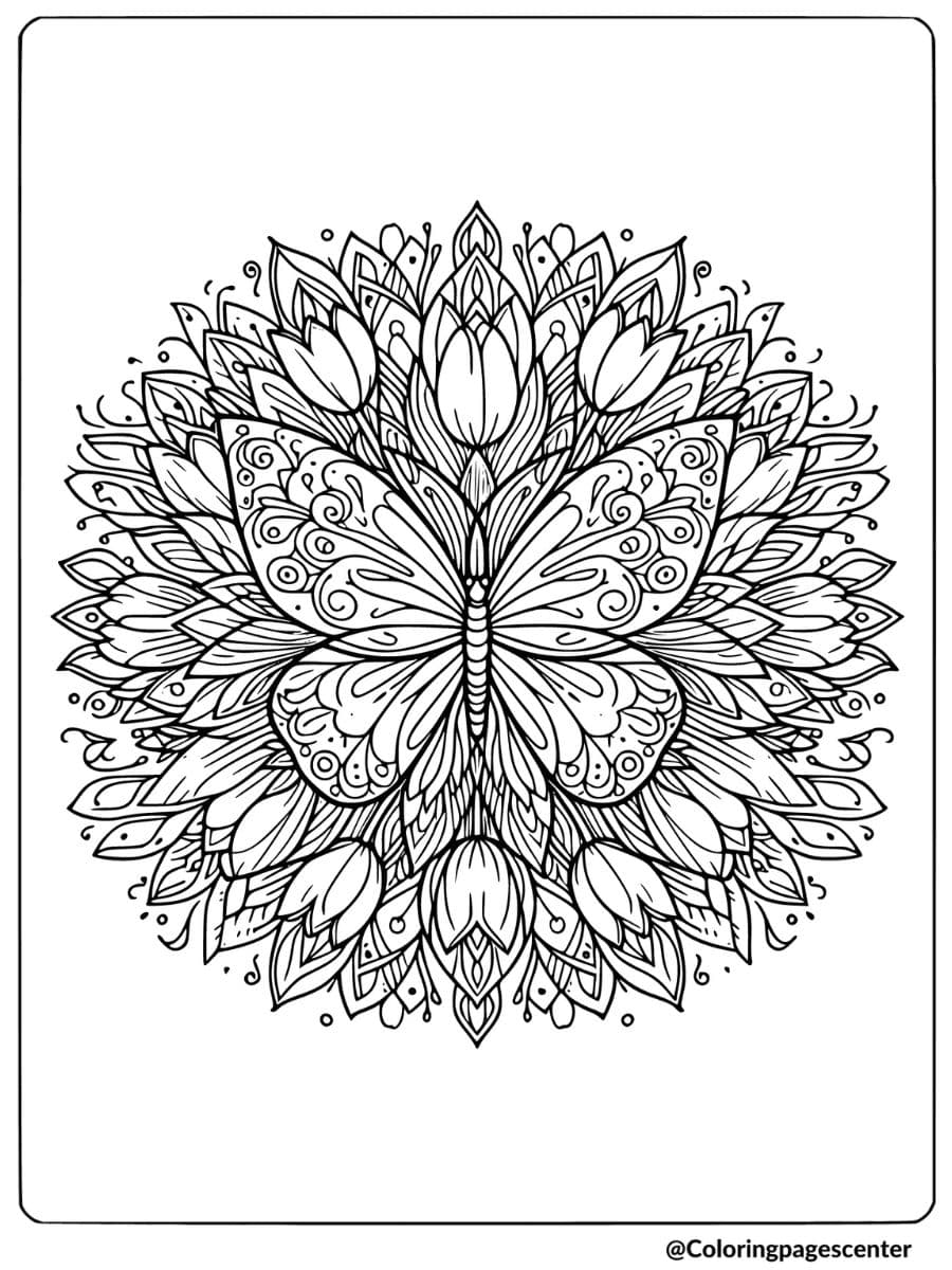 A flower butterfly mandala with intricate patterns coloring page