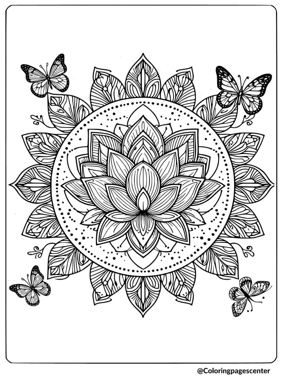 Butterfly mandala and lotus flower coloring page