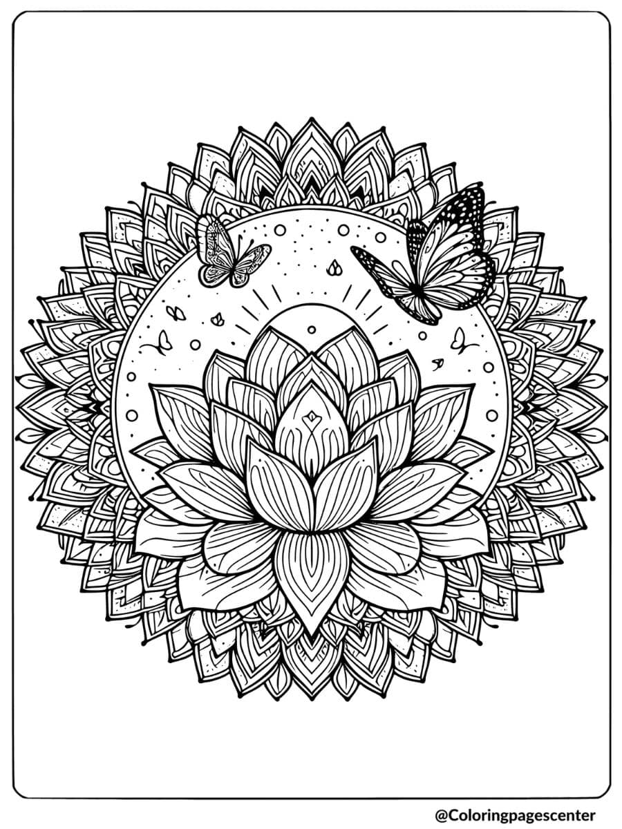 A lotus flower and butterfly mandala coloring page