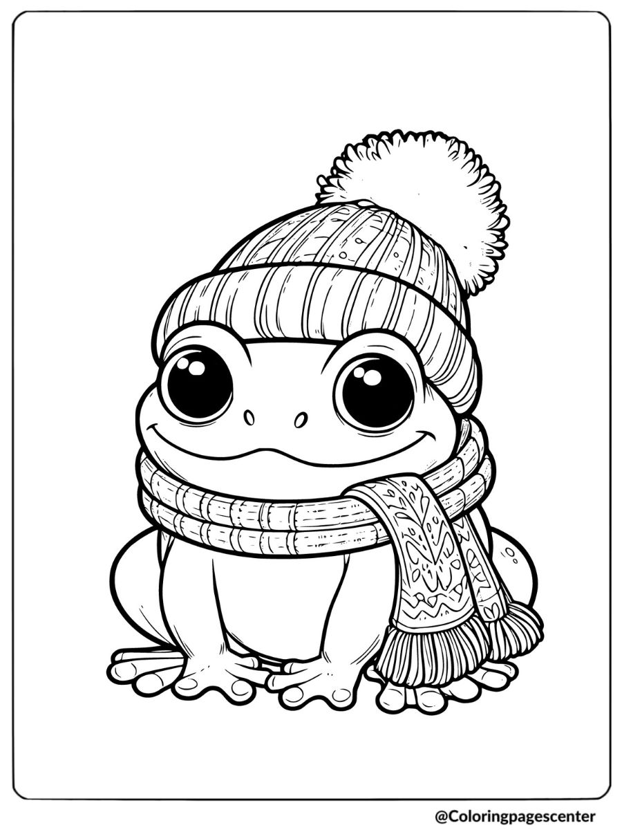 Frog wearing winter hat and scarf coloring page