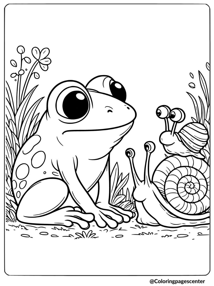 Curious frog with a snail coloring page