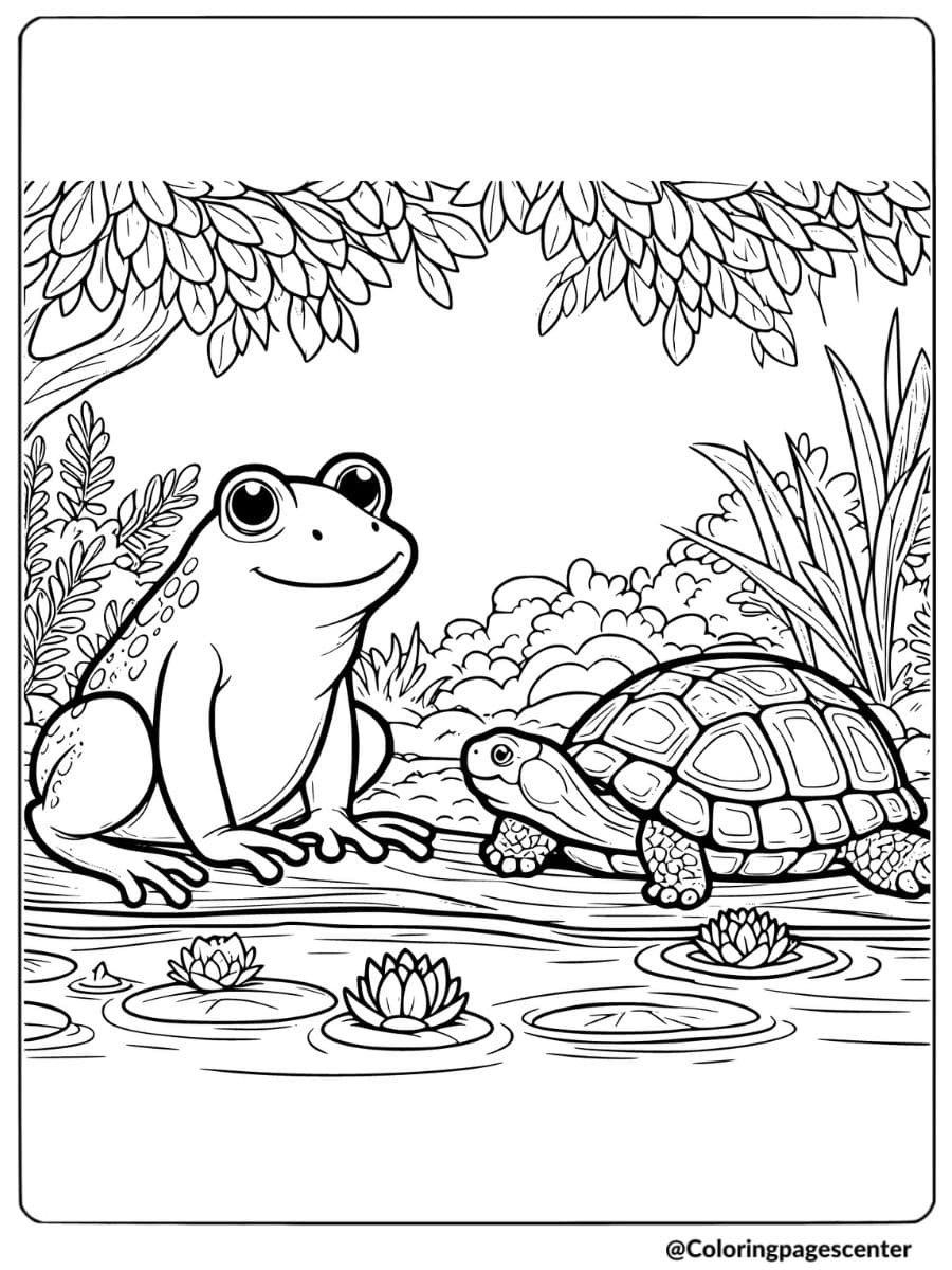 Friendly frog and turtle by a pond coloring page