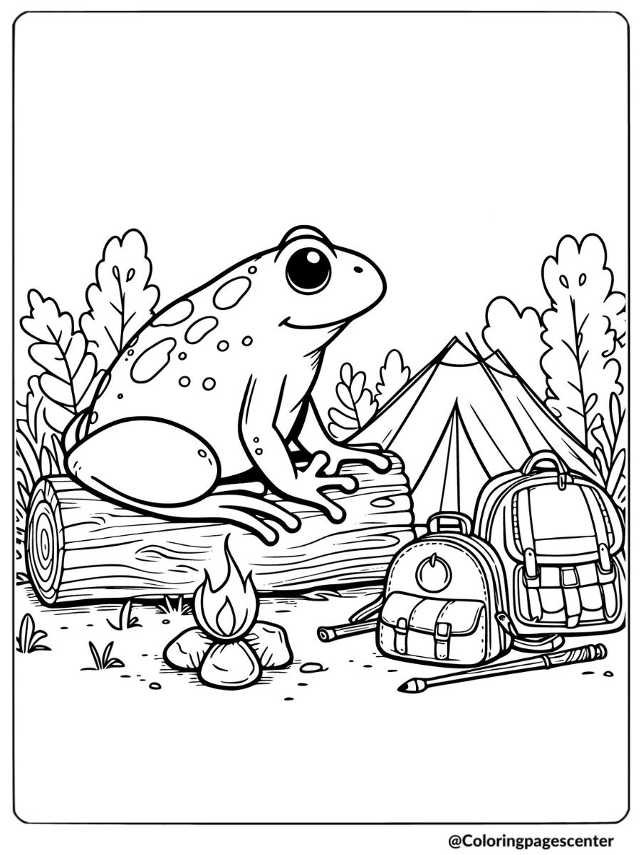 Frog sitting by campfire with backpacks coloring page