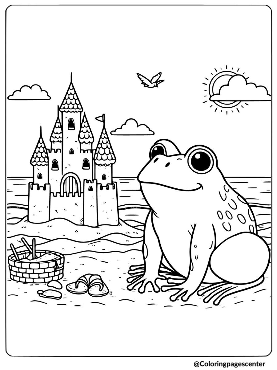 Frog relaxing by sandcastle on beach coloring page