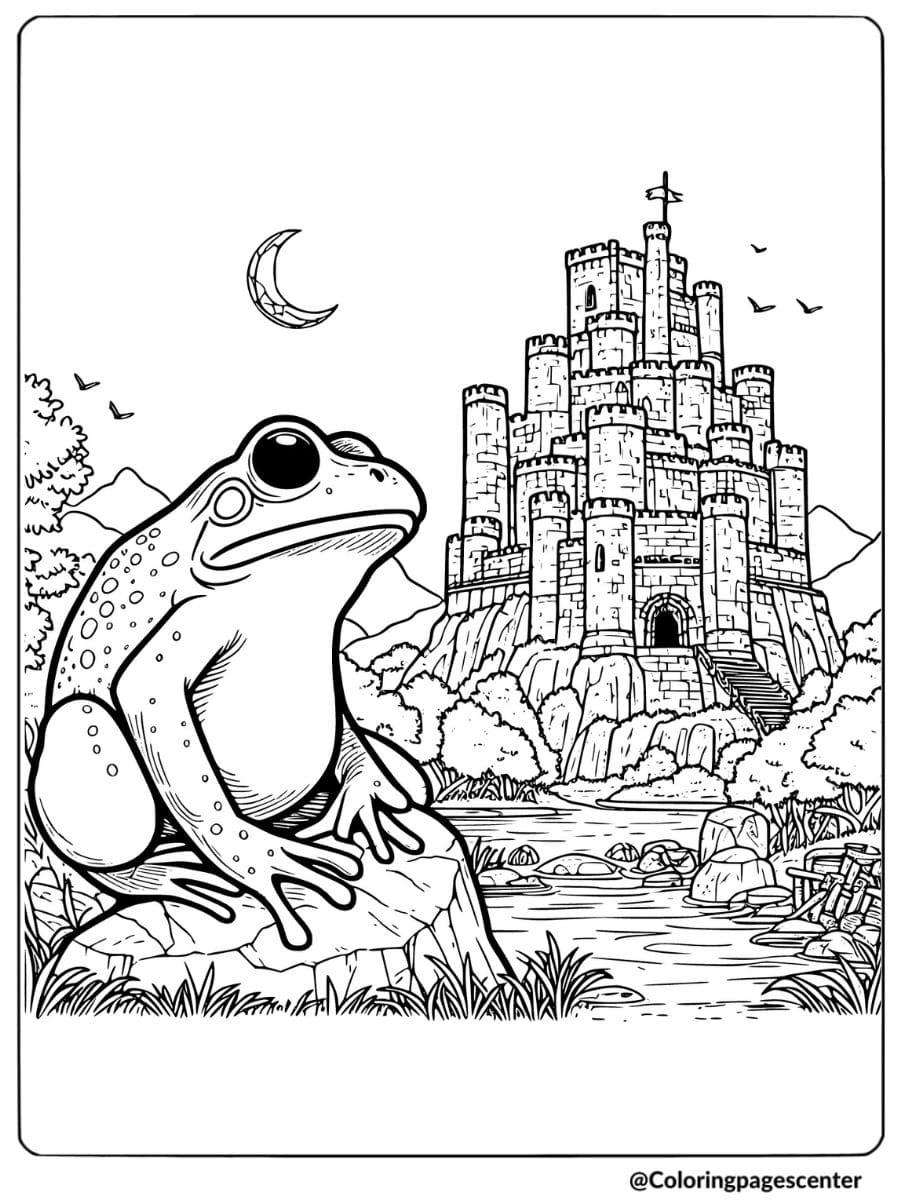 Frog near a medieval castle coloring page